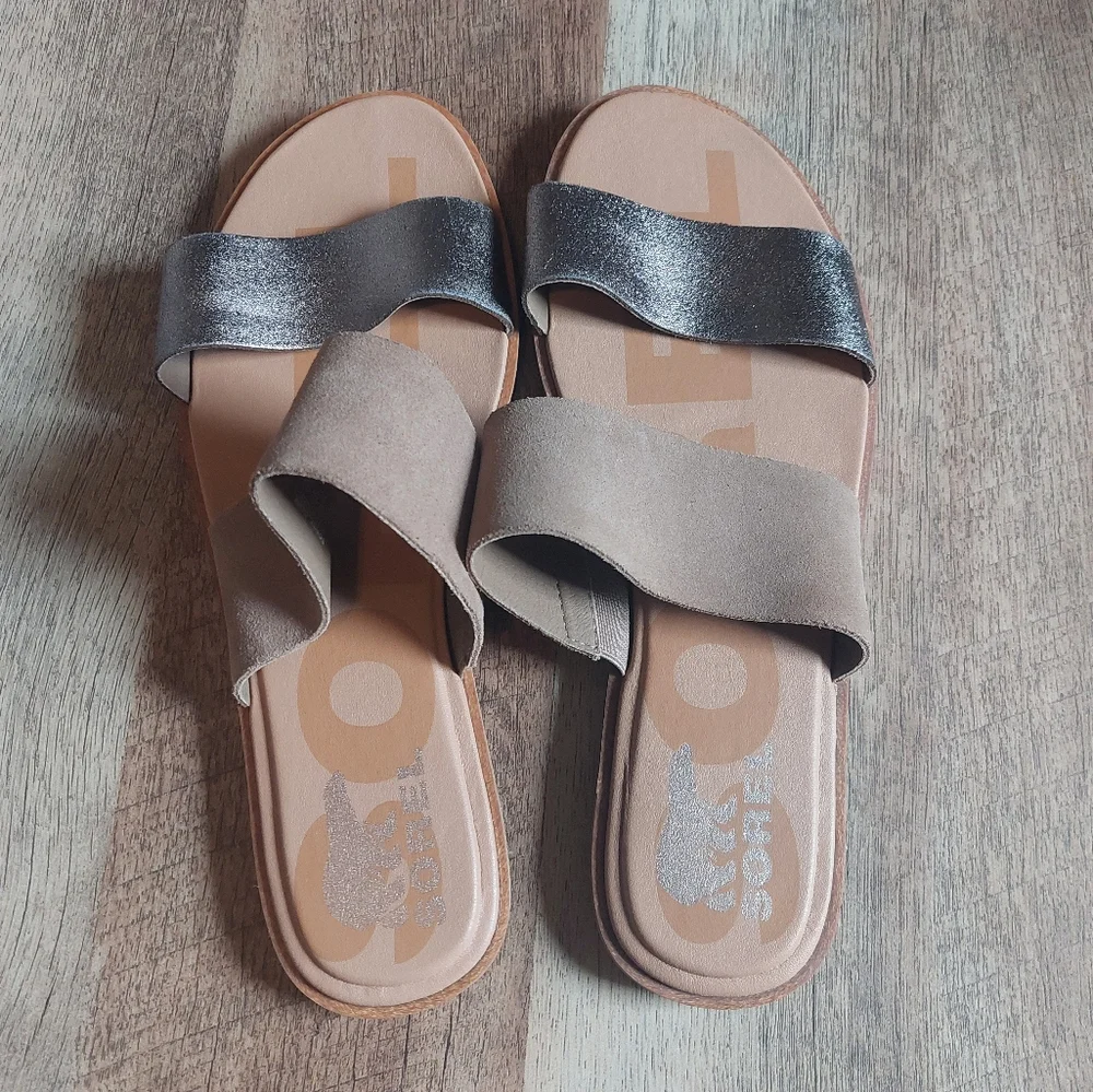 Sorel Women's Sandal Ella II Slide Light Brown Silver Strap Size 9.5 Comfy